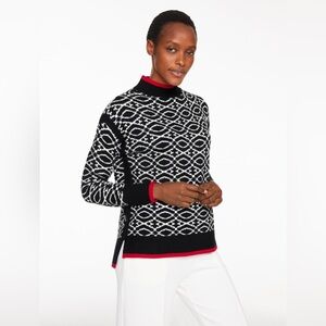 Talbots Black and White Geometric Sweater with Red Accents